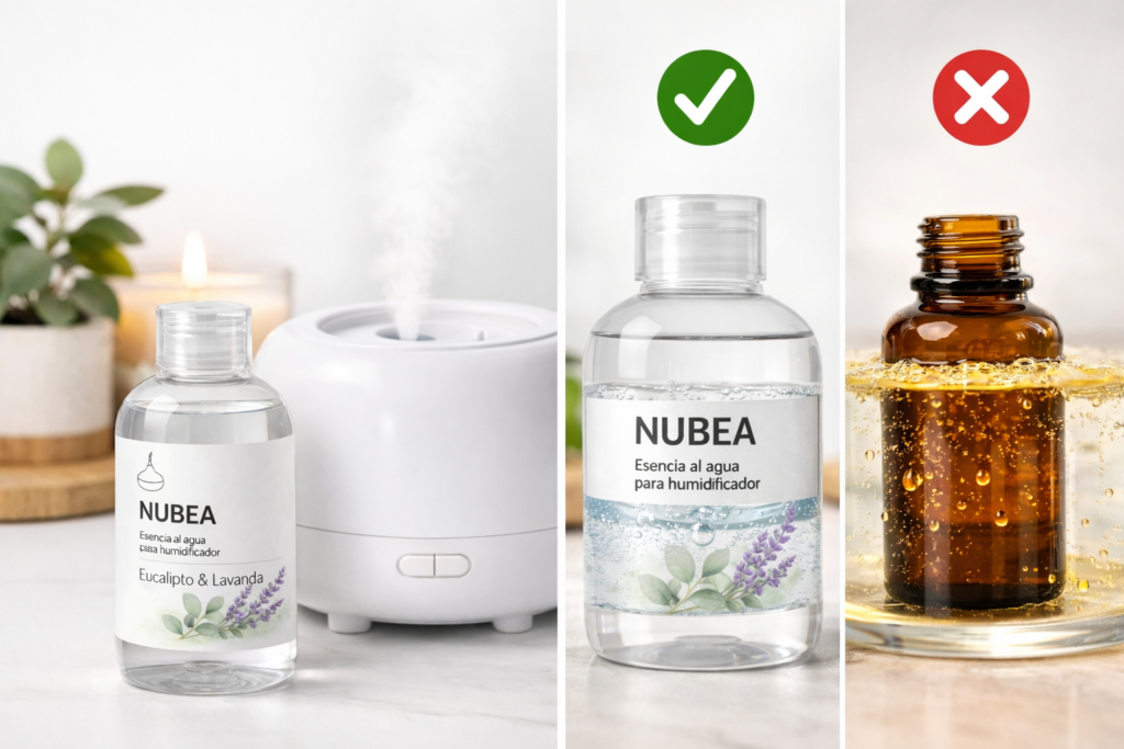Botella NUBEA esencia hidrosoluble junto a humidificador y comparativa hidrosoluble vs aceite esencial.