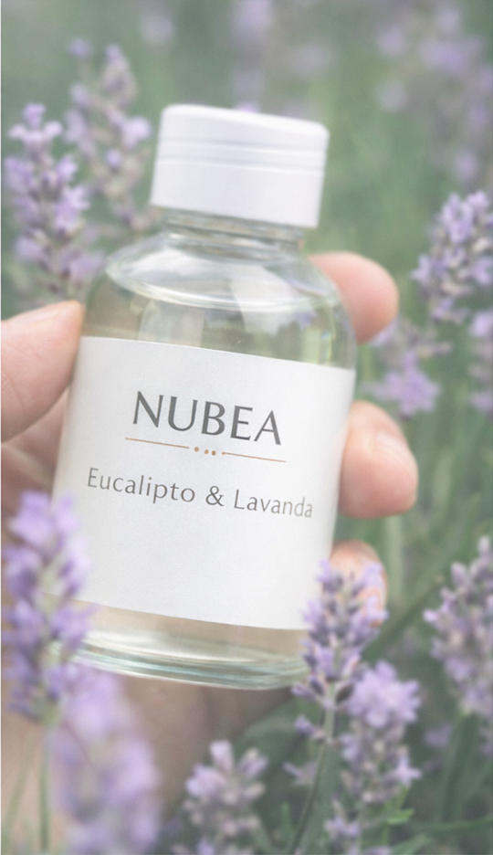 Botella de esencia al agua NUBEA Eucalipto & Lavanda sostenida entre plantas de lavanda