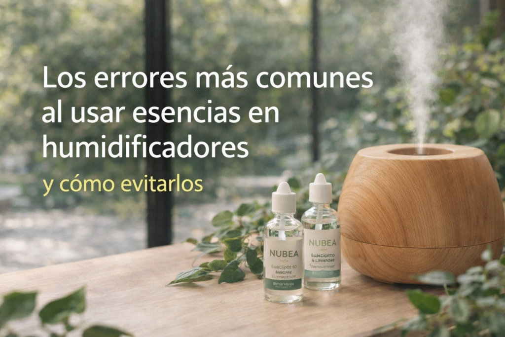 Humidificador en escritorio minimalista con esencia aromática, ambiente cálido y natural