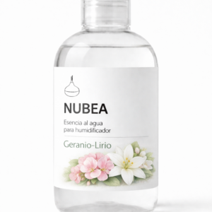 Esencia al agua Geranio Lirio NUBEA para humidificador ultrasónico en frasco transparente con etiqueta floral minimalista